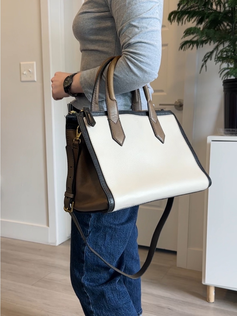 Fossil genuine leather satchel colorblock cream black taupe with strap